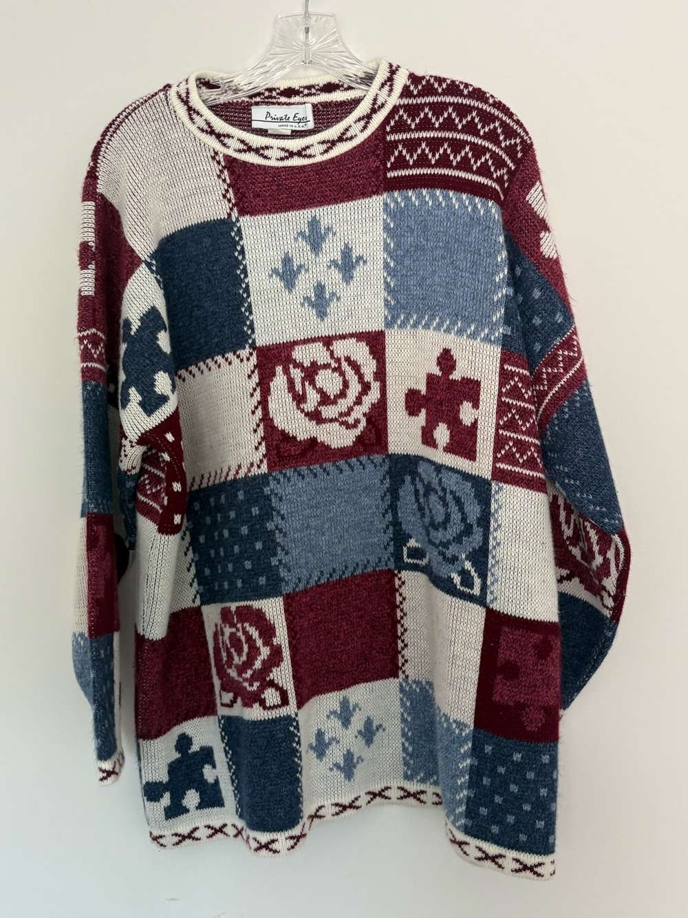 Vintage Patchwork Symbol Crewneck Sweater Red Blue Cream Size L/XL